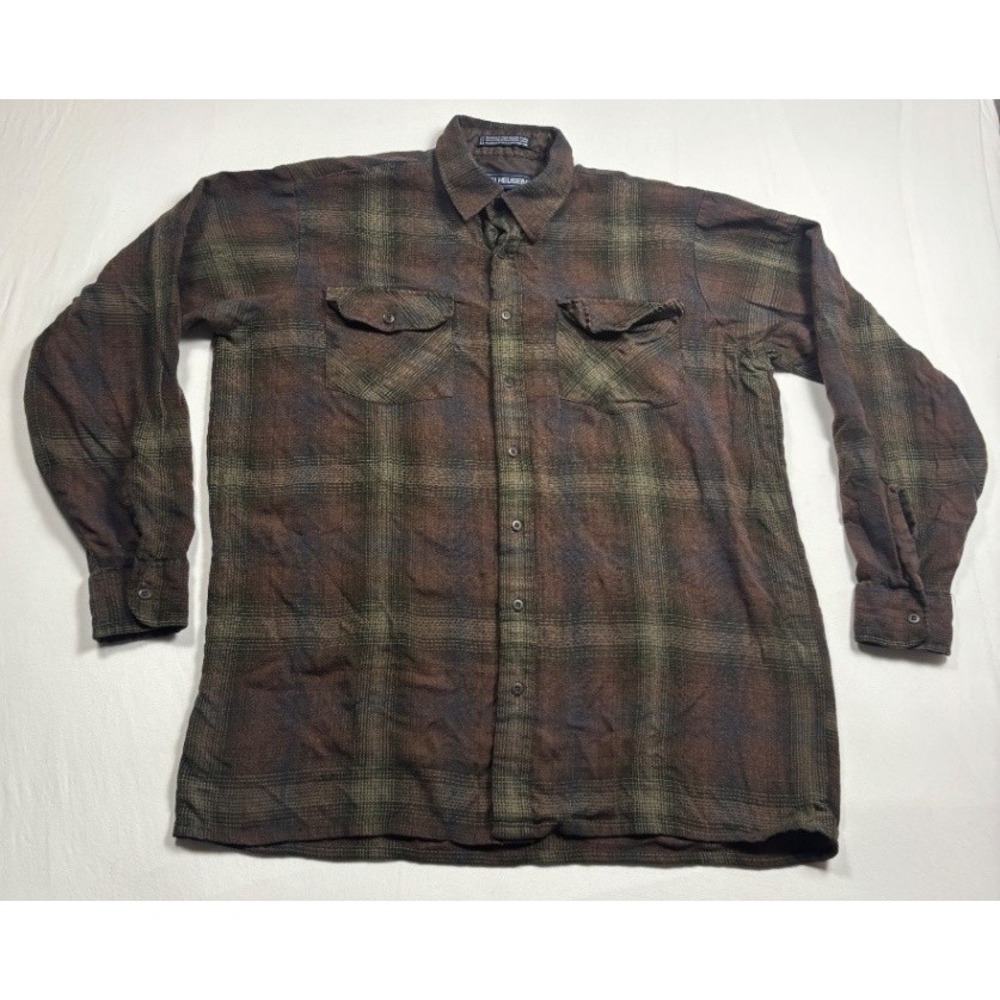 Van Heusen Winterweight Plaid Flannel Button Up Shirt Mens Long Sleeve LT Brown